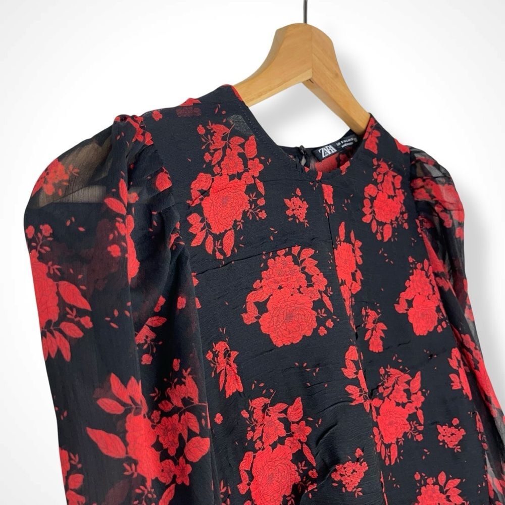 Zara Rose Floral Semi-Sheer Chiffon Puff Sleeve Peplum Blouse - Picture 10 of 12